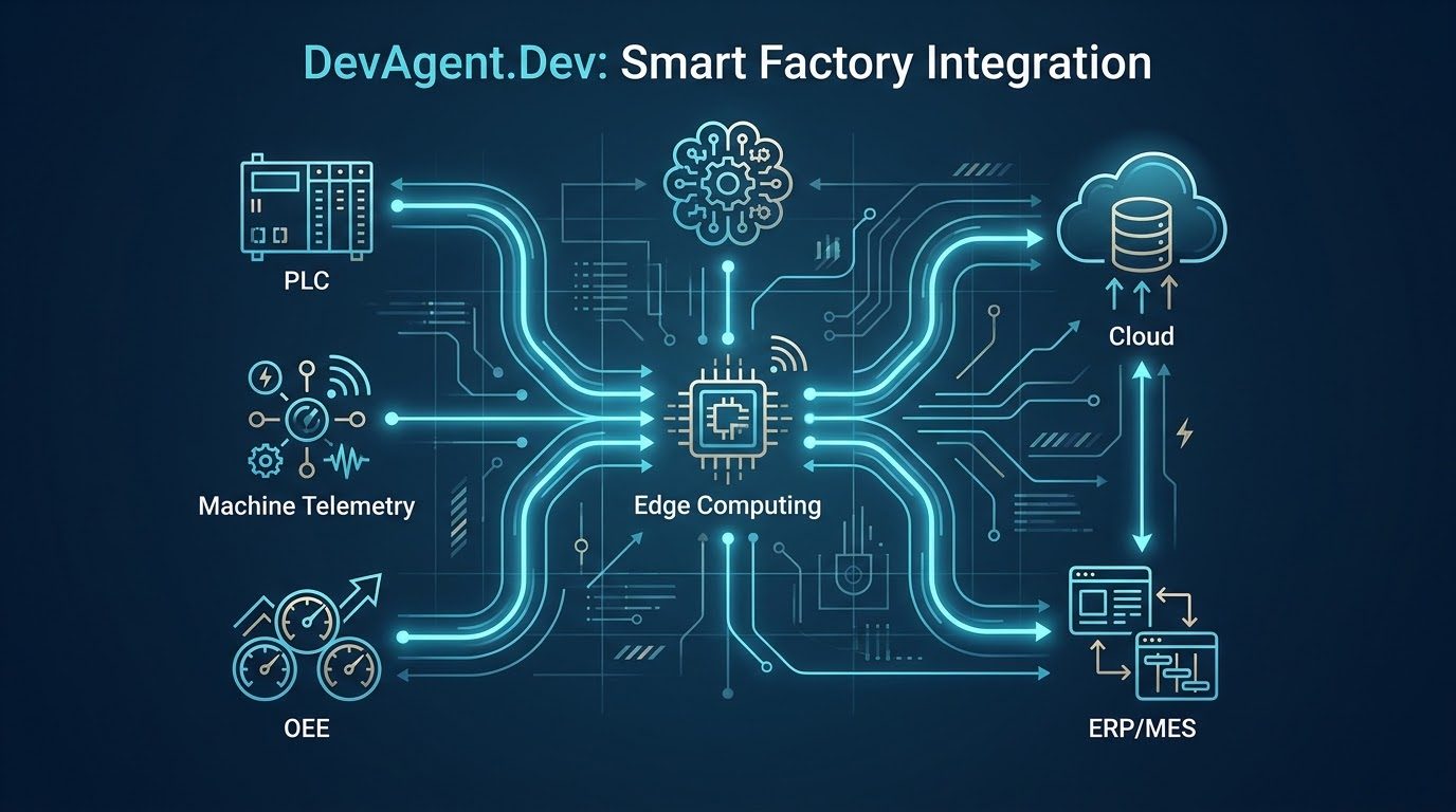 Smart factory integration diagram: PLC, machine telemetry, and OEE connected through edge computing to cloud and ERP/MES